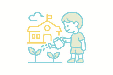 Single vector icon showing a child holding a watering can and caring for plants, drawn in soft pastel colors, ideal for kindergarten and sustainable learning projects.