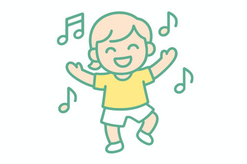 Pastel thin line vector icon of a preschool child dancing with music notes around, drawn in mint green, pink, yellow, and blue tones, perfect for creative learning visuals.