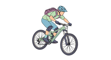 Fototapeta premium Dynamic illustration of a mountain biker riding a full suspension bike downhill, ideal for adventure, outdoor activities and sports-related design projects.