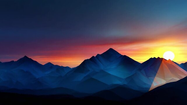 A breathtaking view of a stylized mountain landscape at sunrise, showcasing vibrant colors reflecting off angular shapes and peaks, inviting adventure and exploration in nature's beauty.
