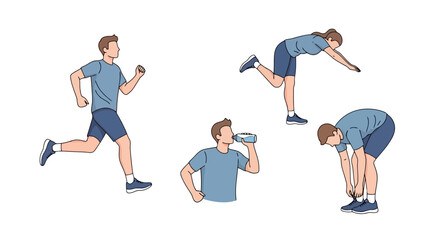 Diverse athletic activities featuring running, stretching, hydration and tying shoes, ideal for fitness campaigns and promoting healthy lifestyles.