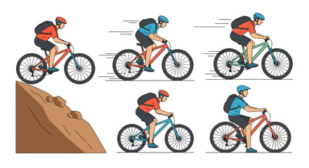 Fototapeta premium Cyclist Characters Riding Mountain Bikes on Various Terrains, Ideal for Outdoor Adventure Illustrations and Recreational Sport Visuals.