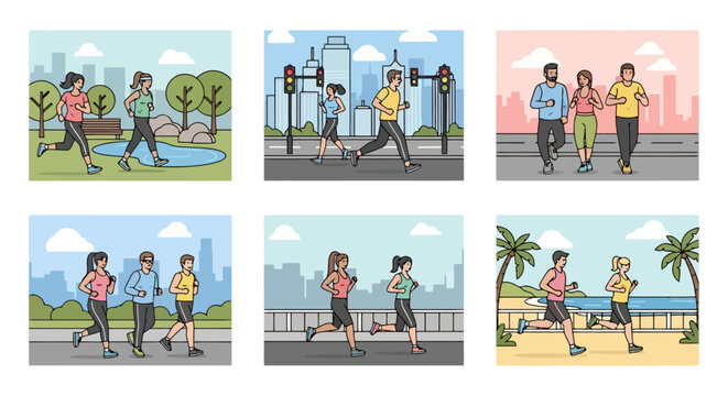 Diverse Runners Exercising in Various Urban and Natural Settings, Promoting Fitness, Well-being and Healthy Lifestyle for Active People