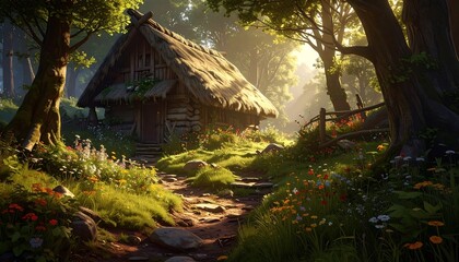 A rustic cabin nestles in a vibrant, sunlit forest. A winding path leads to its doorway, flanked by colorful wildflowers and lush greenery