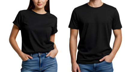 Two people wearing black tshirts and jeans on a white background.