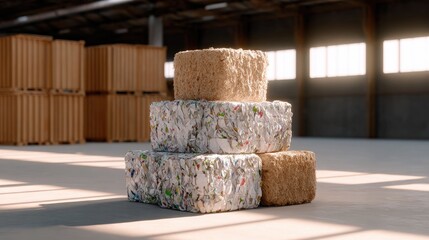 Stacked compressed bales of waste materials in a large warehouse with bright light illuminating the space and wooden storage containers in the background