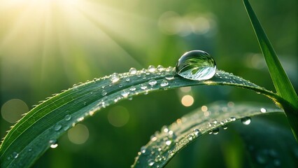Morning Dewdrop on a Green Grass Blade in Sunlight
