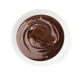 Bowl with melted chocolate and piece of bar isolated on white, top view