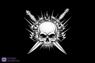 Skull and Crossed Daggers with Lightning Bolts Vector Illustrati