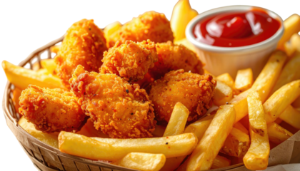 Crispy fried chicken nuggets and golden fries arranged in a basket, with red sauce in a small bowl