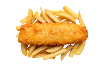 Golden battered fish fillet served on a pile of crispy french fries isolated on transparent background