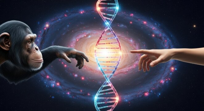 A conceptual illustration of evolution showing a chimpanzee reaching out to touch a human hand with a dna helix and a galaxy in the background