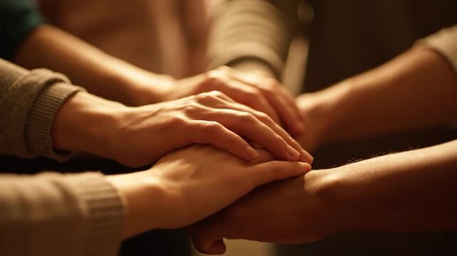 A group's hands joined together, emphasizing unity and support. Focused on skin textures