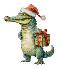 Whimsical watercolor crocodile in Santa hat holding a Christmas gift. Perfect for festive designs, winter decorations, children's projects, or seasonal greeting cards.