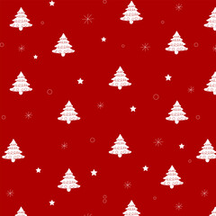 Obraz premium Seamless pattern with white Christmas trees, stars, and snowflakes on red background. Perfect for wrapping paper, festive textiles, holiday cards, and Christmas decorations.