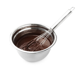 Melted chocolate and whisk in bowl isolated on white