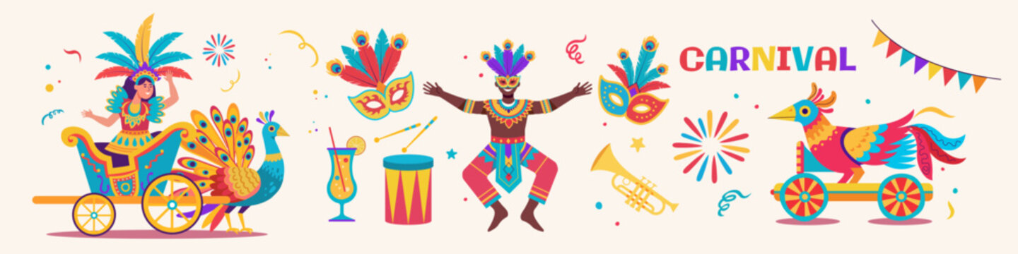 Carnival and festival celebration vector illustration. Dancing people, palm leaves, masks, and music party elements. Bright festive design for posters, cards, and summer event backgrounds.