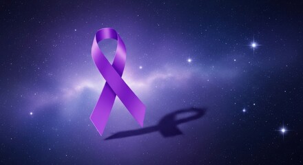 Purple ribbon on a cosmic background, symbolizing awareness for various causes and showing support isolated on white background
