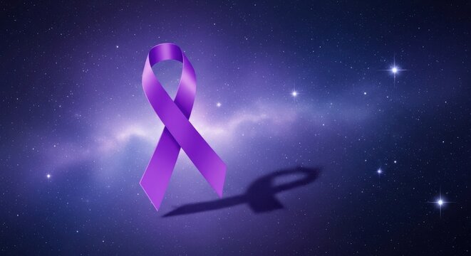 Purple ribbon on a cosmic background, symbolizing awareness for various causes and showing support isolated on white background