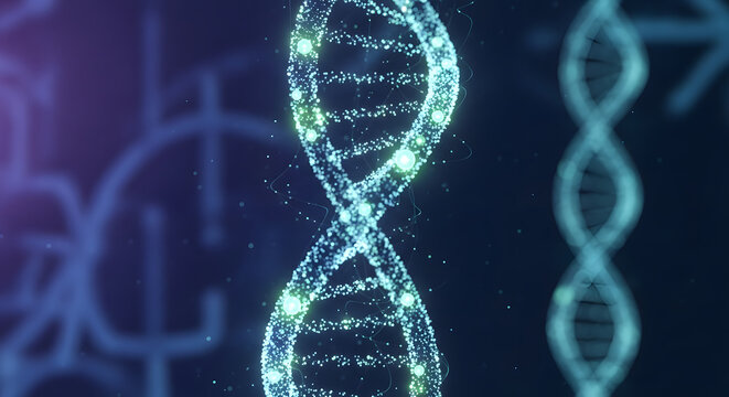 Glowing dna helix structure with futuristic digital particles and bokeh background - Powered by Adobe