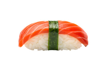 Delicious salmon nigiri sushi with seaweed band isolated on transparent background