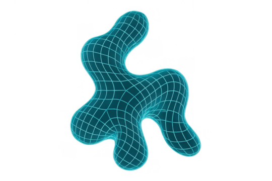 Futuristic 3d blob form with geometric mesh lines, creating a fluid cybernetic object for science and data applications