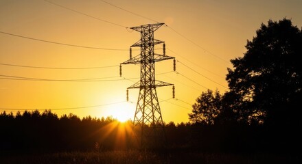 Steel power tower silhouetted against a bright, warm, setting sun