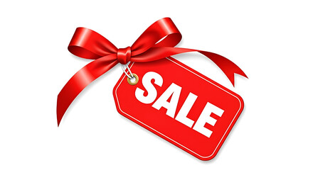 Bright red sale tag tied with a shiny satin ribbon and bow on a white background