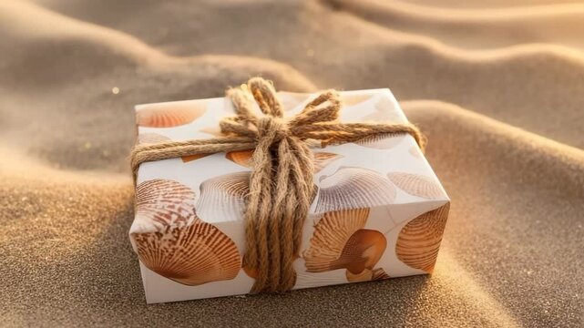 A beautifully wrapped gift box with seashell patterns sits on soft sand, illuminated by warm sunlight. The scene evokes a beach atmosphere and a sense of surprise.