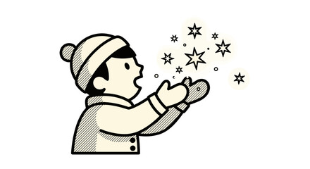 Fototapeta premium Child catching glowing snowflakes during winter in cozy clothing 
