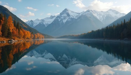 Mountains and autumn trees reflect in calm lake water. Mist rises from tranquil surface near forested shore under blue sky. Peaceful natural landscape shows seasonal colors during daytime.