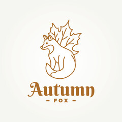 minimalist autumn fox with autumn leaves line art icon logo vector illustration design