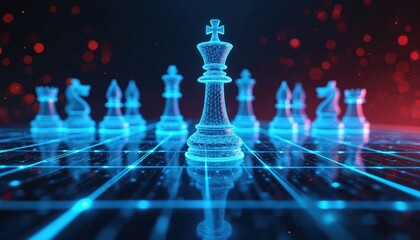 Abstract digital chess board composition. Glowing neon chess pieces arranged on tech grid. Concept of strategic thinking leadership. Futuristic business game design. Artificial intelligence
