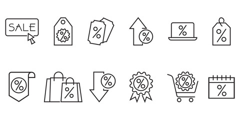 Discount promotion line icon collection. Containing  price tag, coupon, promotion, fast offer, special promo, sell, sticker, badge, cart, shopping tag and more. Price tag vector shopping coupon badge.