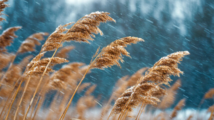 Golden reed grass bending in the wind during a gentle snowstorm with blurred blue forest background creating a serene winter nature scene