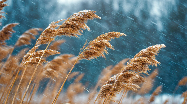 Golden reed grass bending in the wind during a gentle snowstorm with blurred blue forest background creating a serene winter nature scene