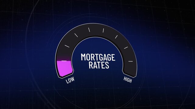 Dynamic mortgage rates volatility, digital gauge fluctuating from low to high and back, tracking home loan interest payments, financial instability visualization, purple HUD background. Copy space