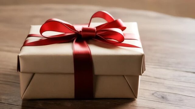 A wrapped gift box with a red ribbon sits on a wooden table. The box is brown and neatly tied, suggesting a festive occasion.