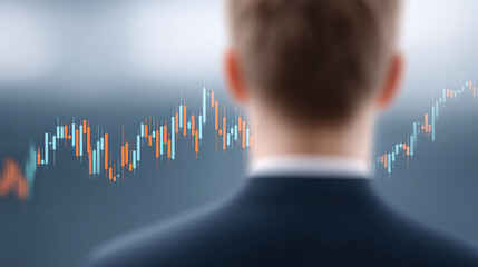 Businessman analyzing digital multicolored candles office environment data visualization analytical view