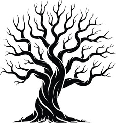 Black and white silhouette of spooky bare tree, twisted branches illustration, eerie forest art design, halloween nature vector background