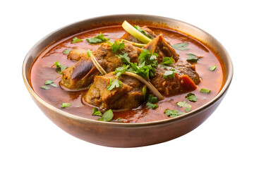 Delicious indian lamb curry dish with fresh cilantro garnish isolated on transparent background