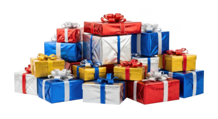 Stack of colorful gift boxes with ribbon isolated on transparent background
