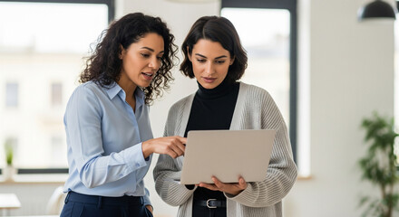 Two professional women collaborating in a modern office, one holding a laptop and the other pointing at the screen, discussing business and new project
