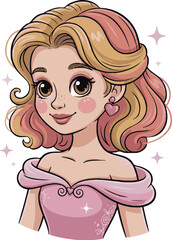 Cartoon girl with blonde and pink hair wearing a pink dress illustration princess