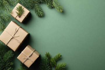 A minimalist green background with gift boxes and christmas tree branches, ready for wrapping gift tags. web banner with copy space.