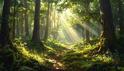 A sunlit trail winds through a vibrant forest, with sunlight filtering through the canopy