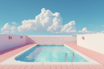 Obraz premium Vibrant swimming pool surrounded by pink tiles under a clear blue sky atmosphere
