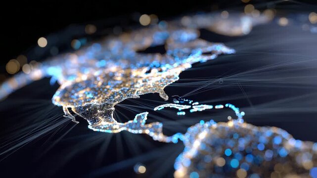 273Futuristic Latin America map with holographic overlays, bright data nodes, digital lines connecting countries and cities, cyber connectivity emphasized