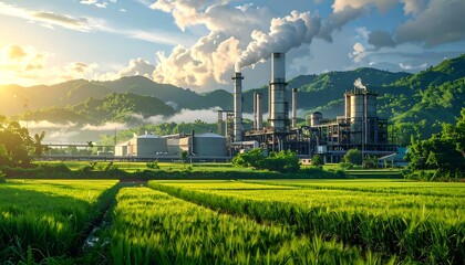 A sprawling industrial complex with smokestacks amidst rolling green hills and a bright sunlit sky