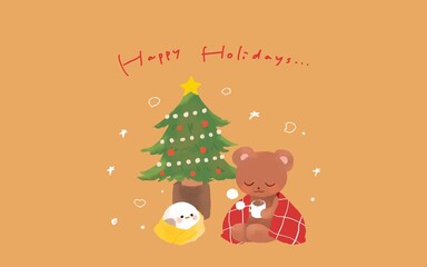 クリスマスツリーとシマエナガとくま